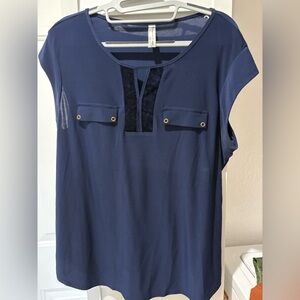 PerSeption Concept Navy Short Sleeve Top with Velvet-Trimmed V Panel